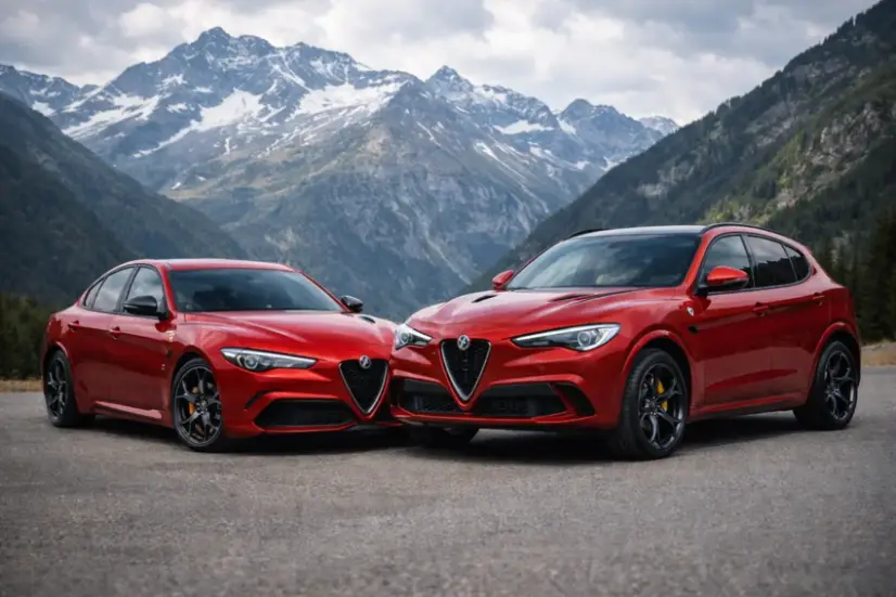Alfa Romeo Giulia Quadrifoglio e Stelvio Quadrifoglio con motore V6 biturbo da 520 cavalli su strada di montagna