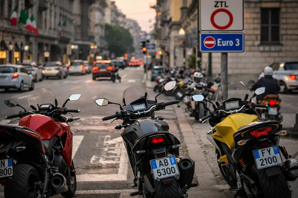 Moto parcheggiate al tramonto in città